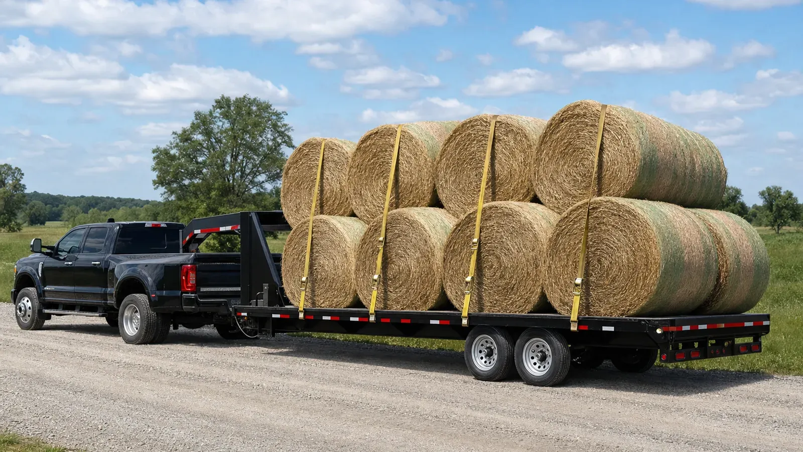 Gooseneck flatbed trailer hauling secured round hay bales Gooseneck flatbed trailer hauling secured round hay bales