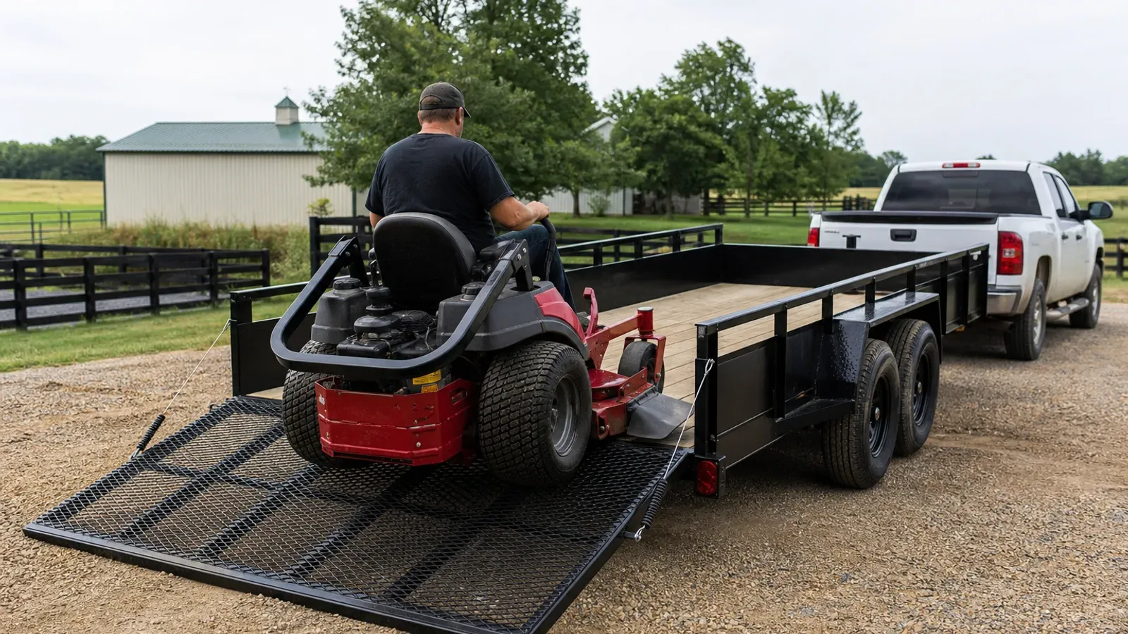 Zero-turn mower crossing a full-width mesh ramp gate onto a landscape trailer Zero-turn mower crossing a full-width mesh ramp gate onto a landscape trailer
