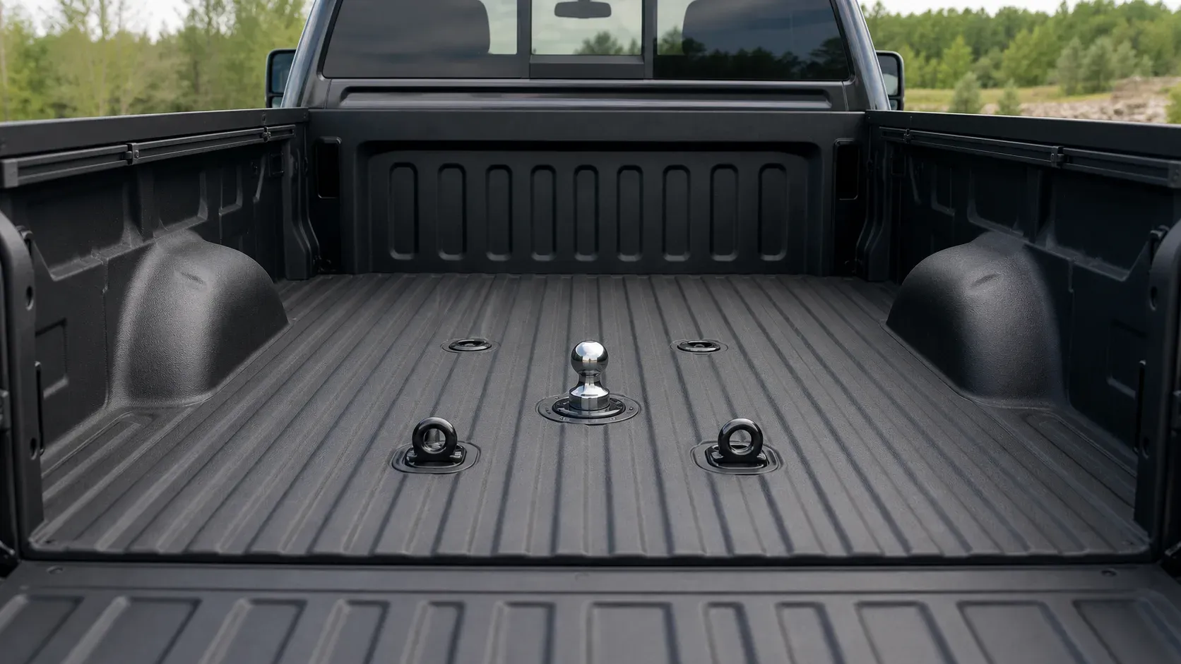 Removable gooseneck ball and safety-chain anchors installed in a pickup bed