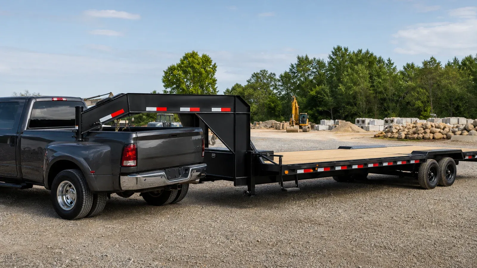 Gooseneck flatbed trailer connected to a pickup truck bed Gooseneck flatbed trailer connected to a pickup truck bed
