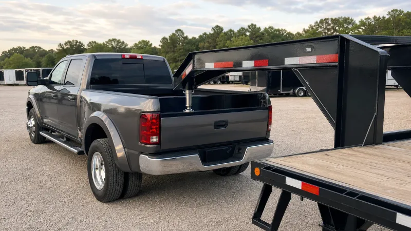 Gooseneck and bumper-pull trailers correctly hitched to separate pickup trucks