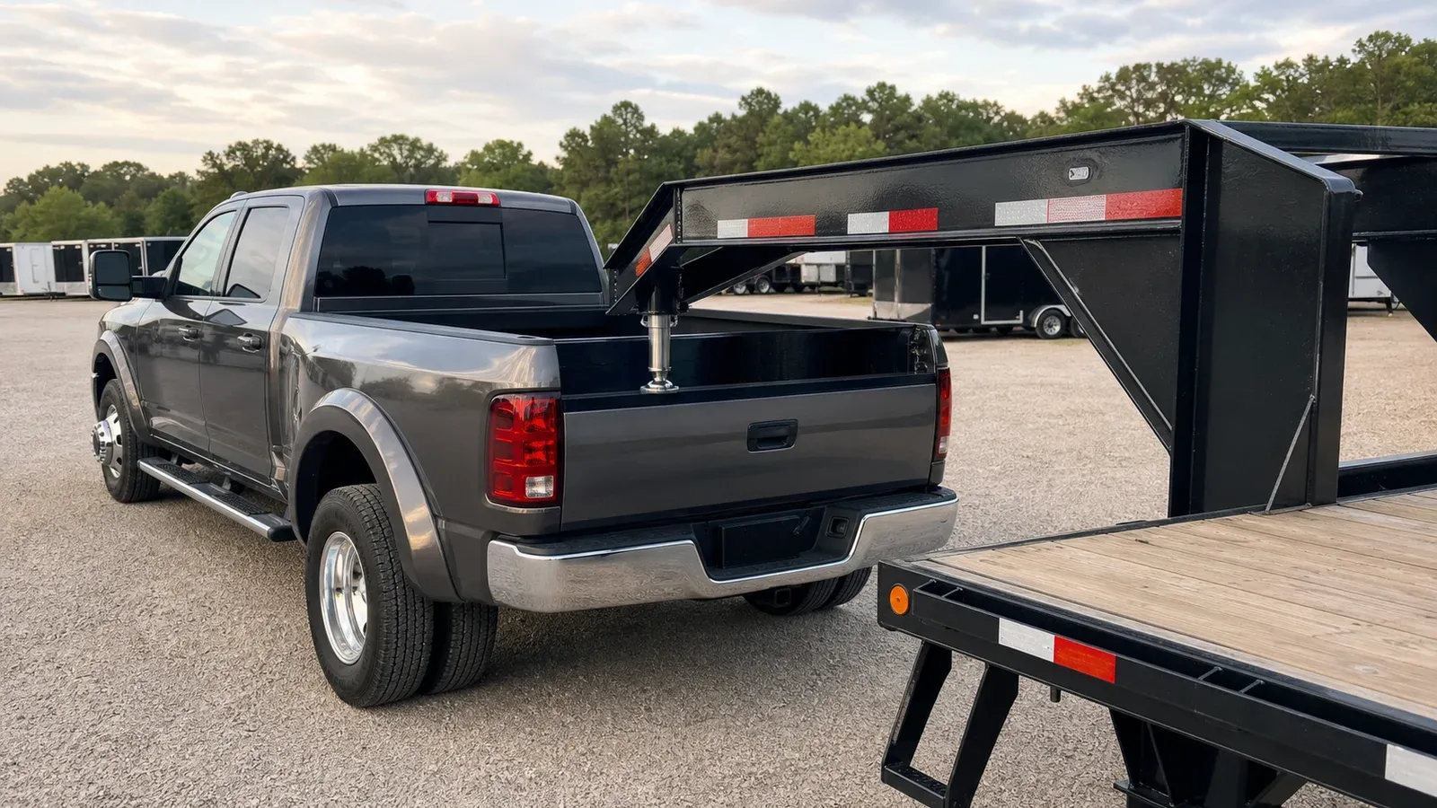 Gooseneck and bumper-pull trailers correctly hitched to separate pickup trucks