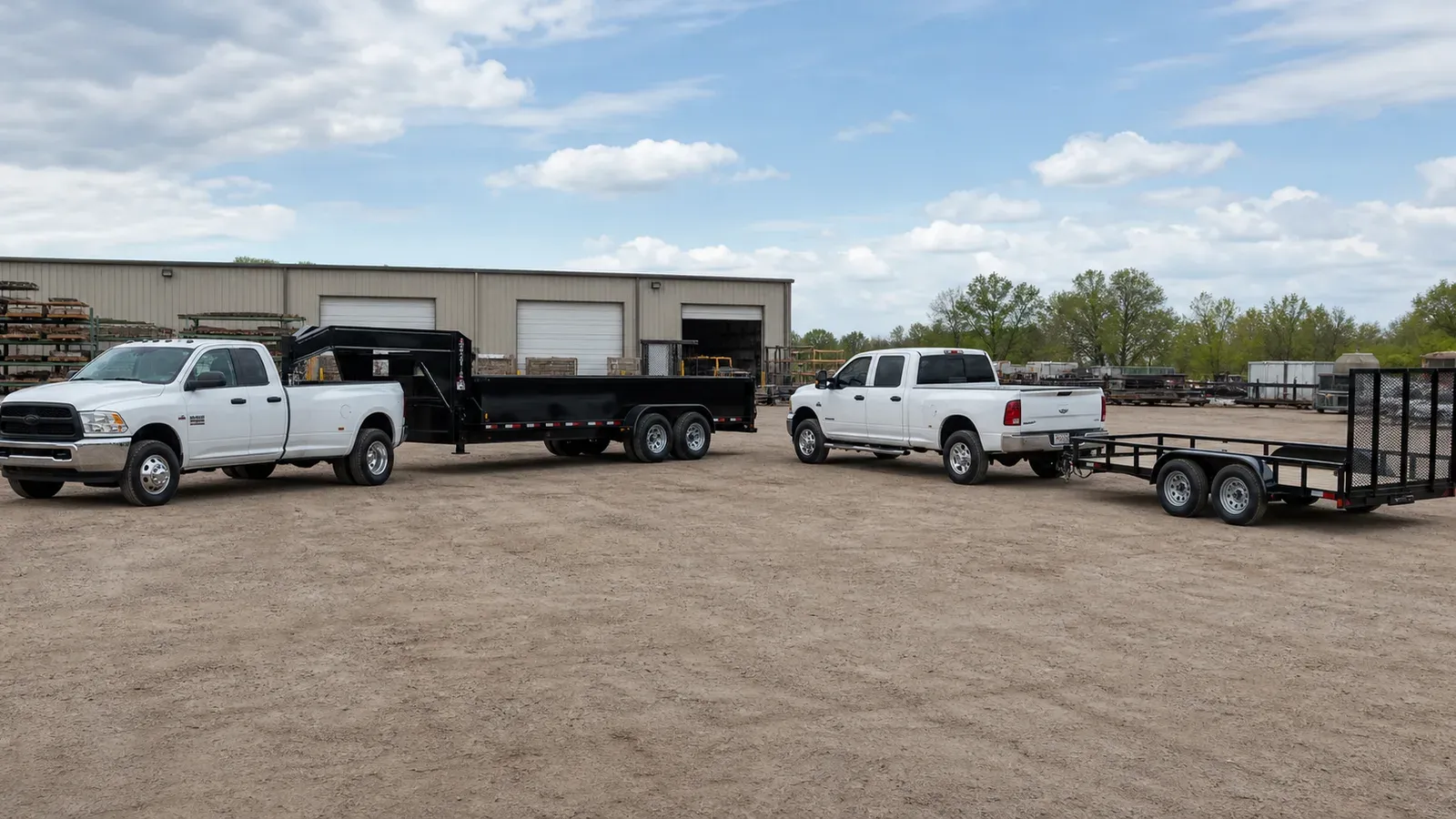 Gooseneck and bumper-pull work-trailer rigs shown side by side