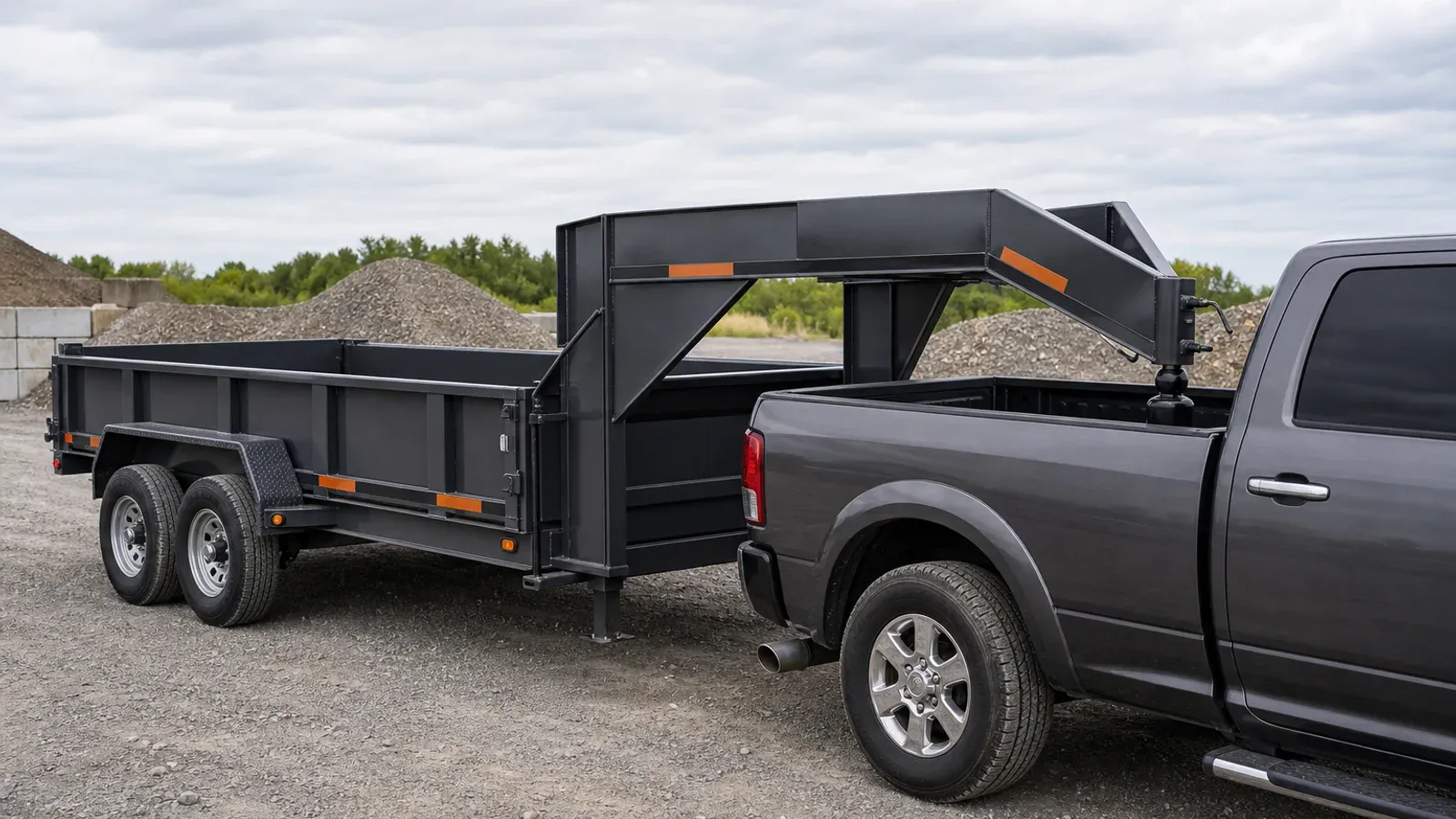 Gooseneck dump trailer connected to a hitch ball in a pickup bed Gooseneck dump trailer connected to a hitch ball in a pickup bed