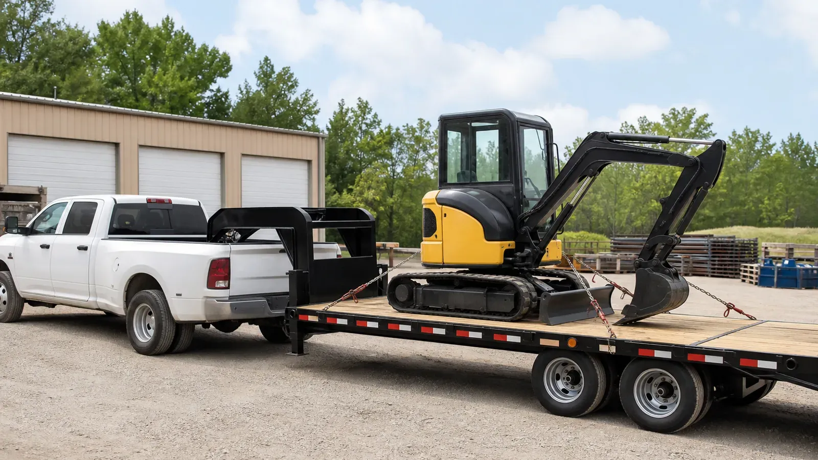 Gooseneck equipment trailer connected inside a one-ton pickup bed Gooseneck equipment trailer connected inside a one-ton pickup bed