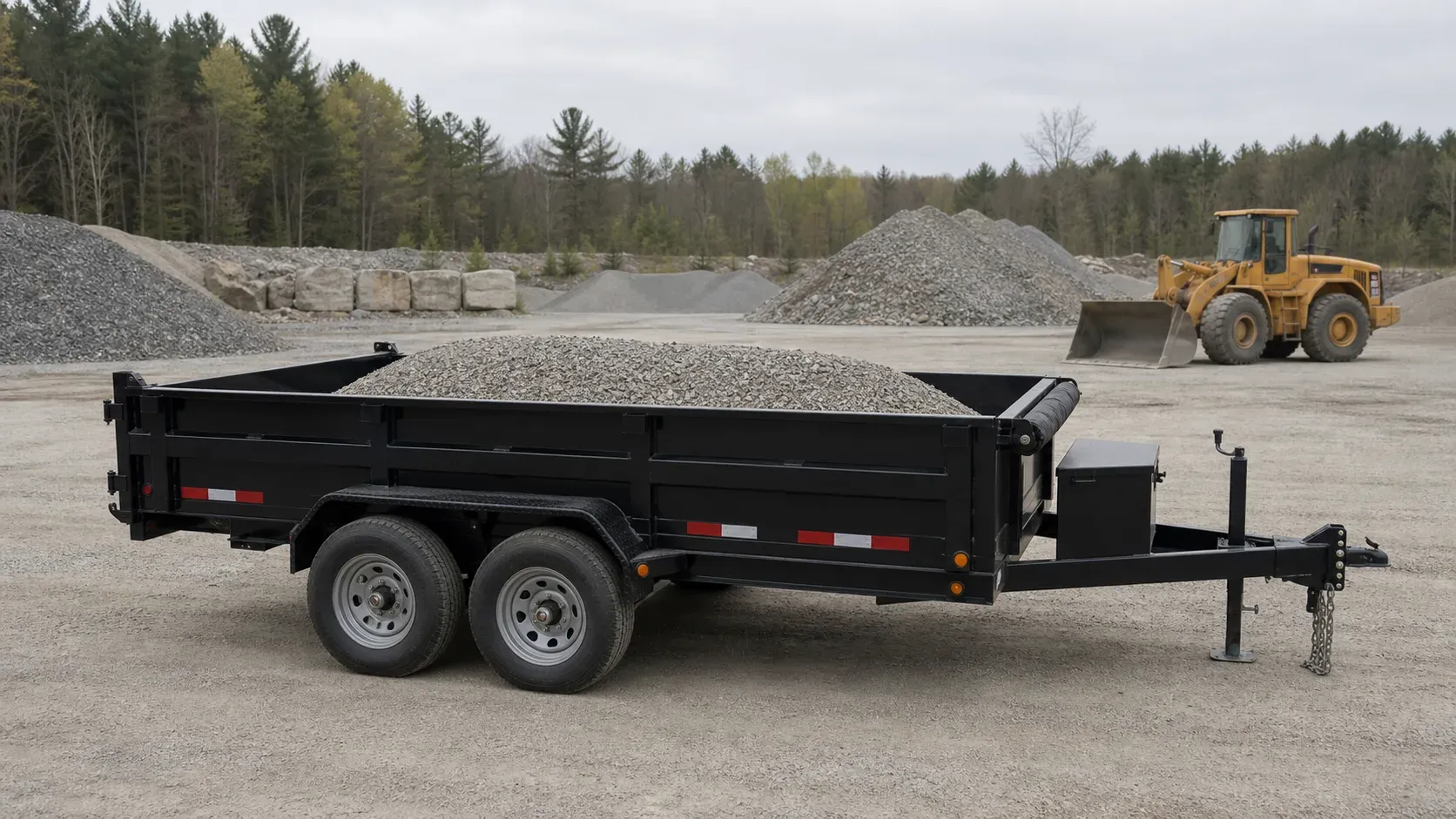 Tandem-axle dump trailer carrying a partial-volume load of crushed gravel
