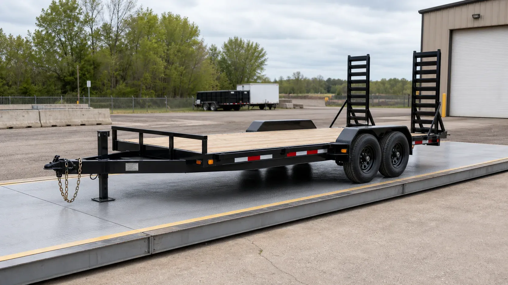 Entire tandem-axle equipment trailer positioned on one platform scale