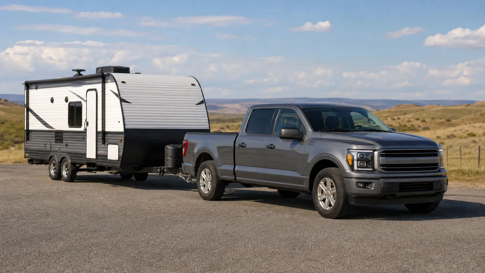 Half-ton crew-cab pickup towing a tandem-axle travel trailer
