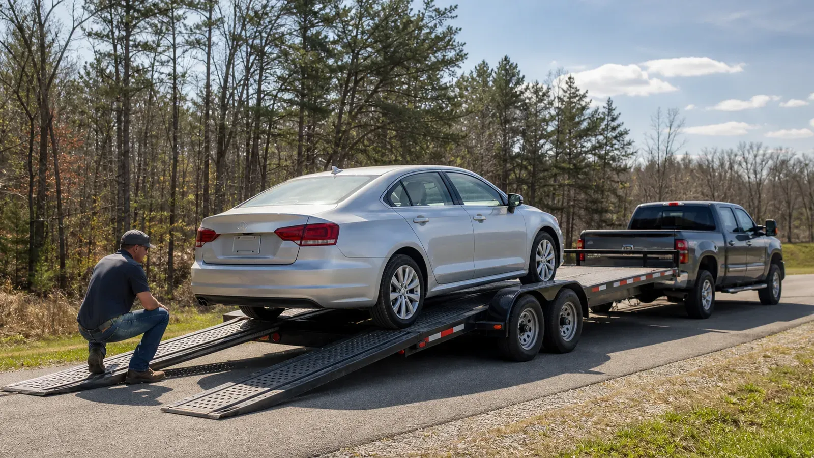 Sedan being loaded onto an open tandem-axle car hauler behind a pickup