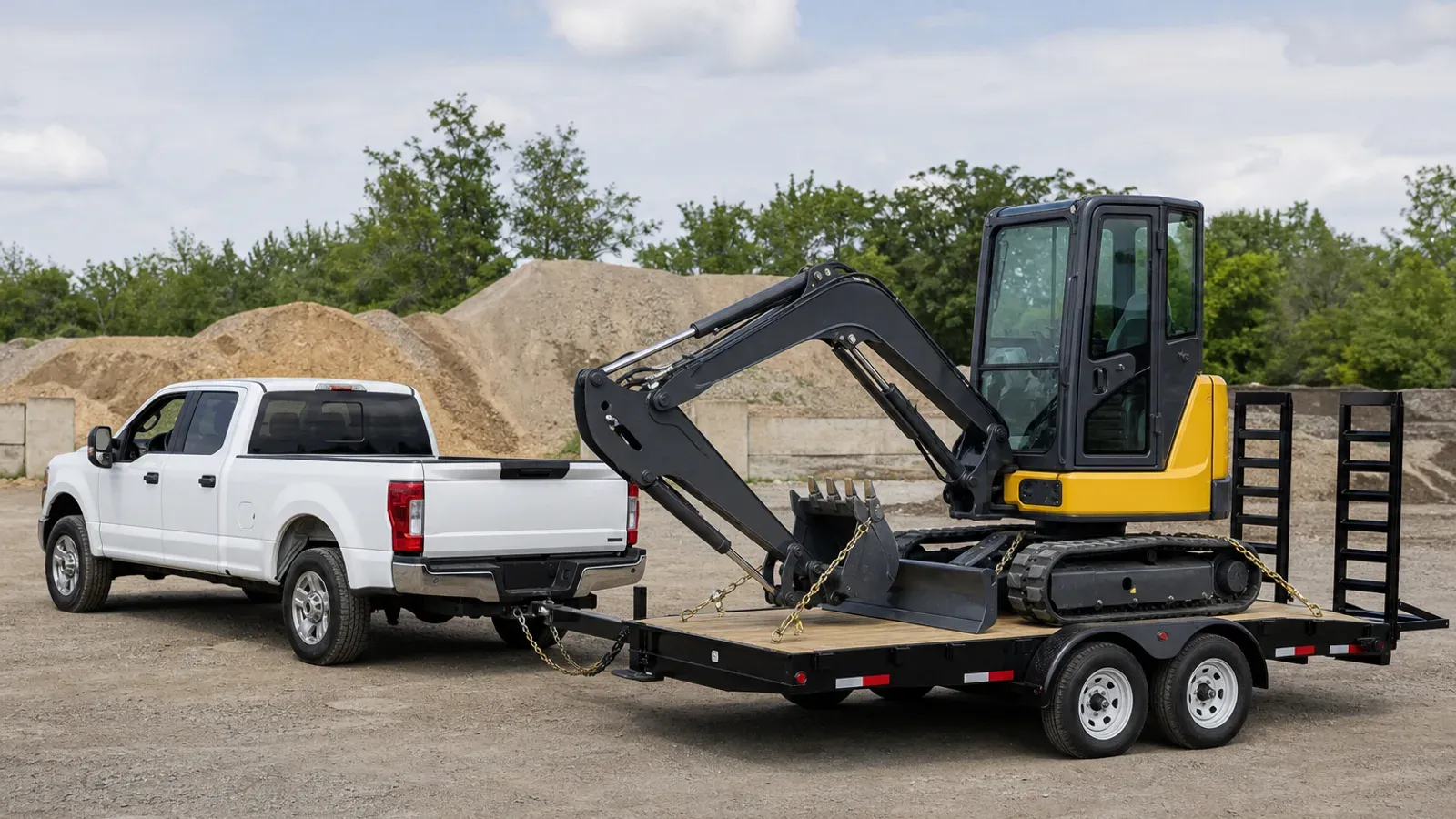 Mini excavator secured on a tandem-axle equipment trailer