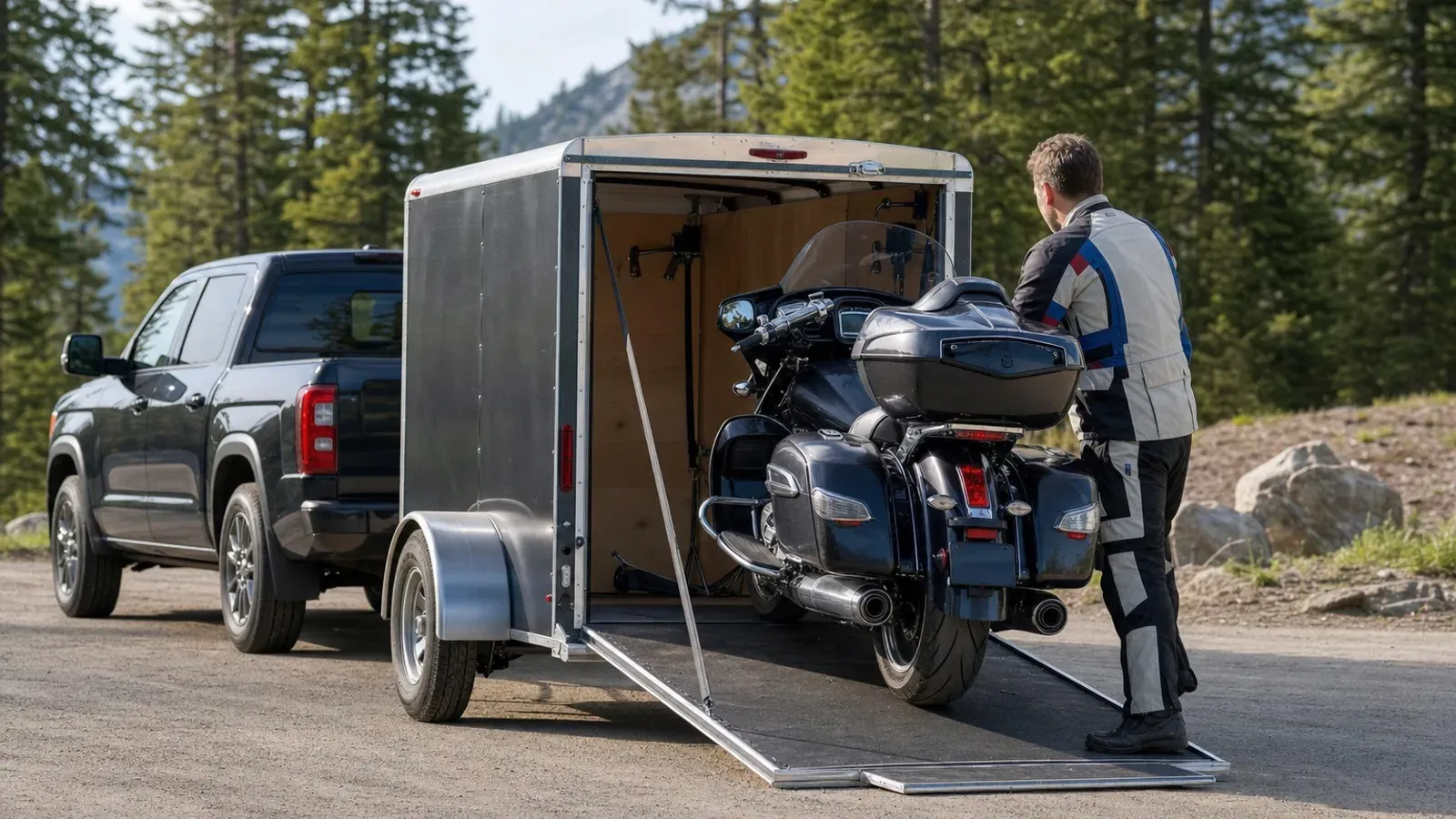 Touring motorcycle being loaded into an enclosed trailer