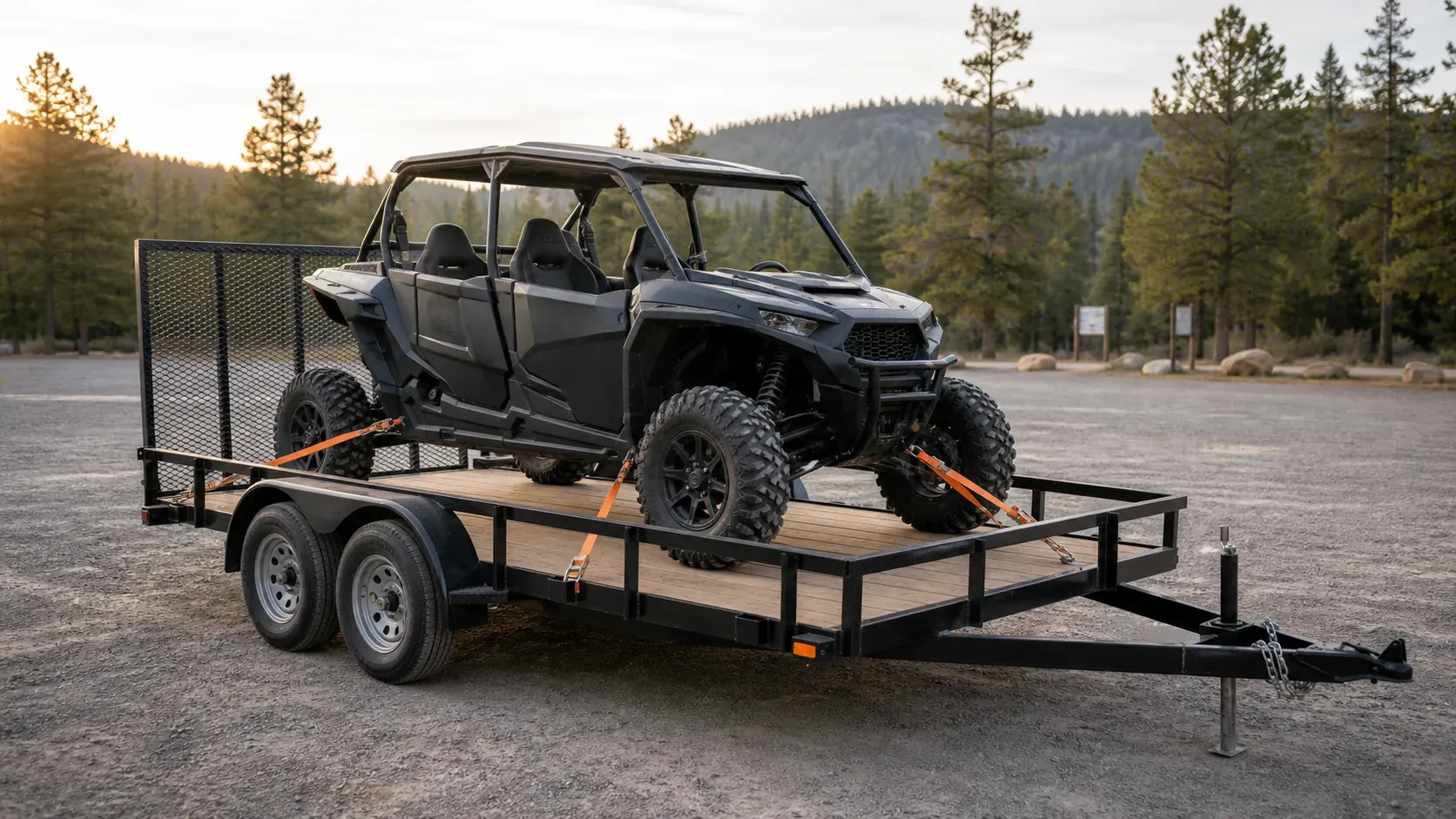 Four-seat side-by-side secured on a tandem-axle utility trailer