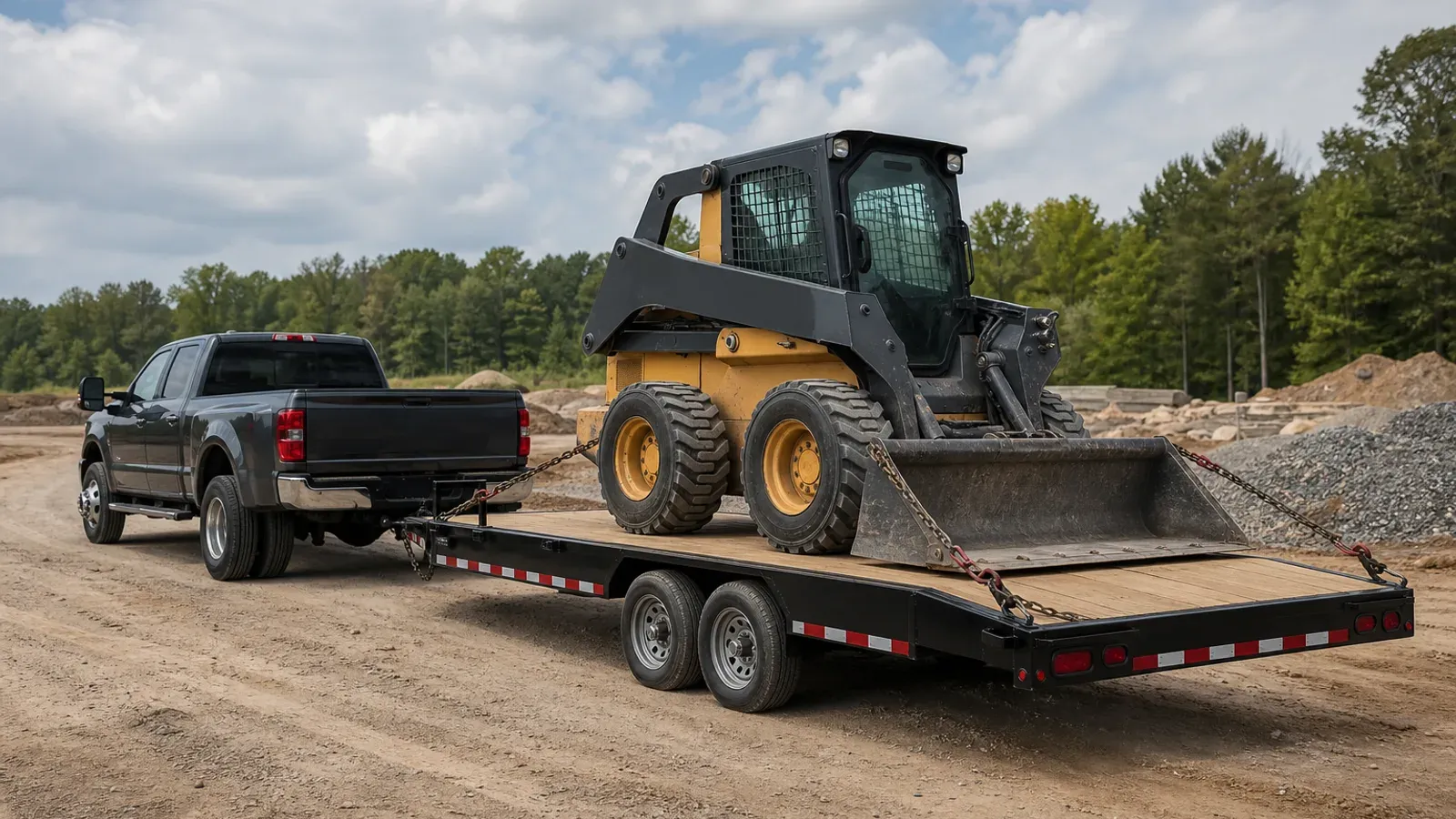 Skid steer secured on a 14,000-pound equipment trailer