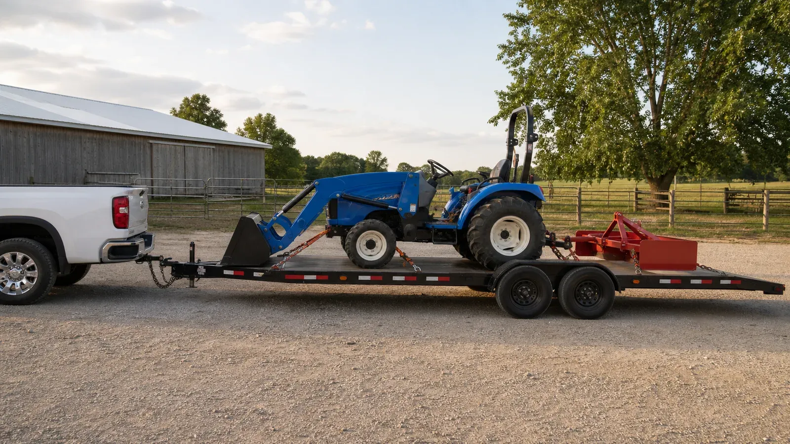 Compact tractor with loader secured on an equipment trailer