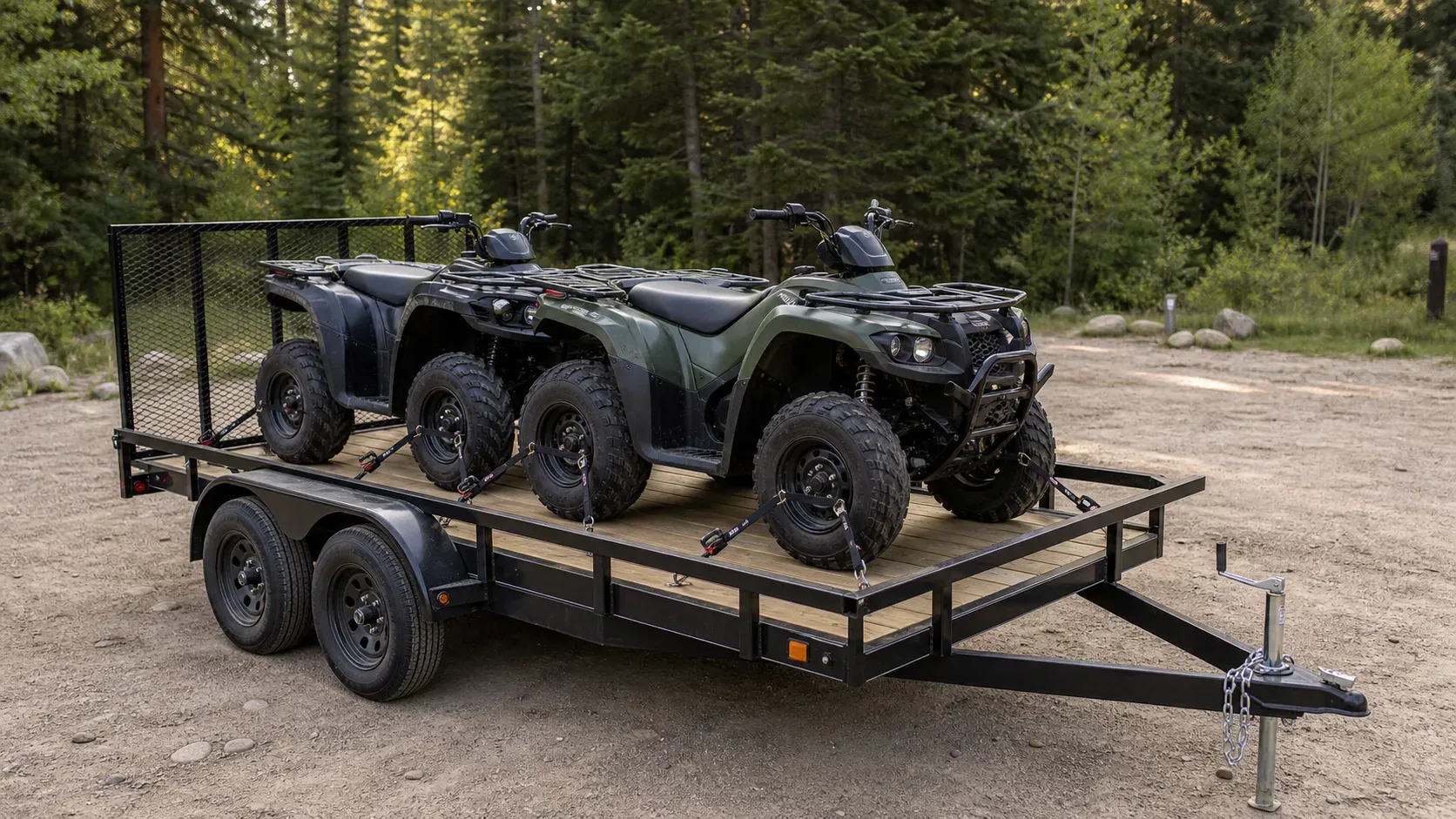 Two ATVs secured side by side on a tandem-axle utility trailer