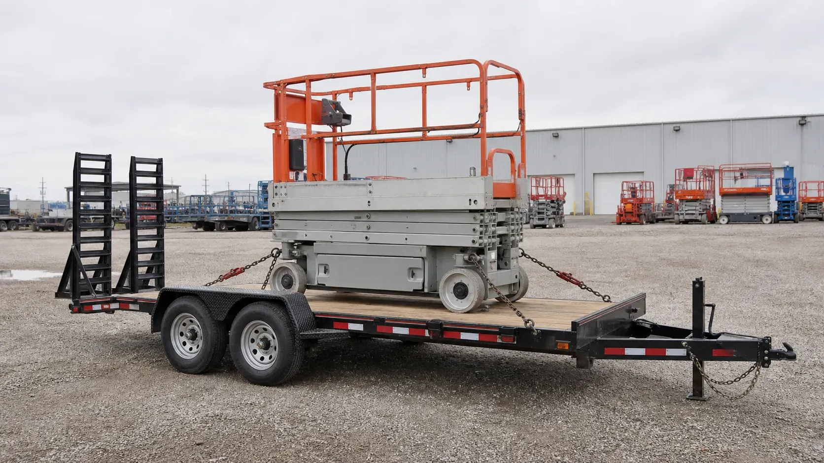 Lowered scissor lift secured on a heavy tandem-axle equipment trailer