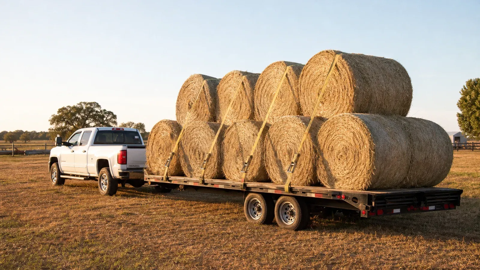 Round hay bales stacked and strapped on a farm flatbed trailer