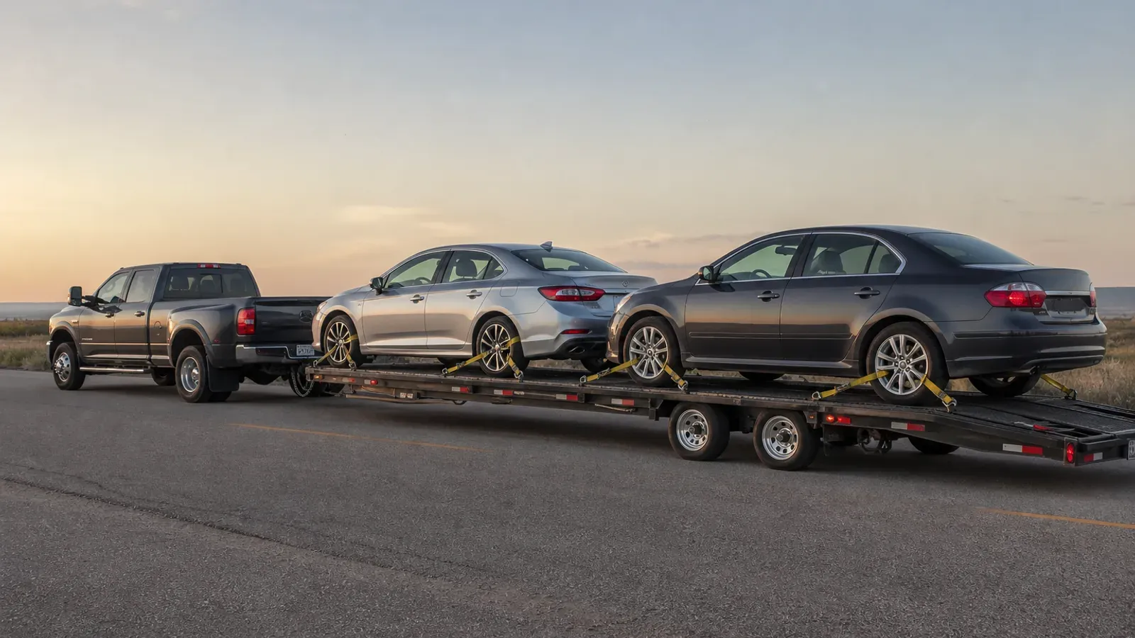 Two passenger cars secured on a long open transport trailer