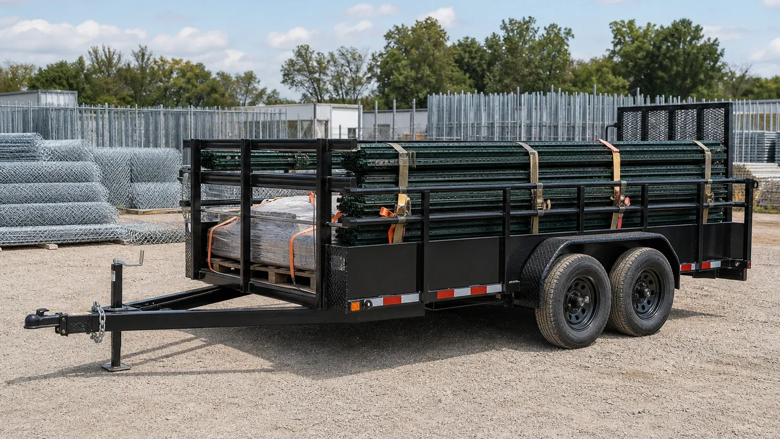 Heavy-duty utility trailer carrying secured fencing supplies Heavy-duty utility trailer carrying secured fencing supplies