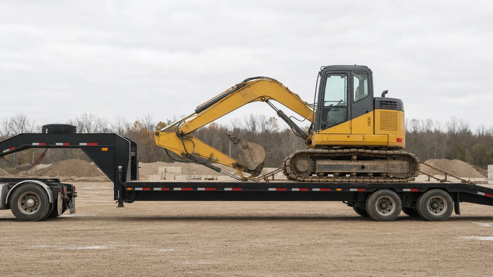 Heavy-duty gooseneck equipment trailer carrying a tracked excavator Heavy-duty gooseneck equipment trailer carrying a tracked excavator