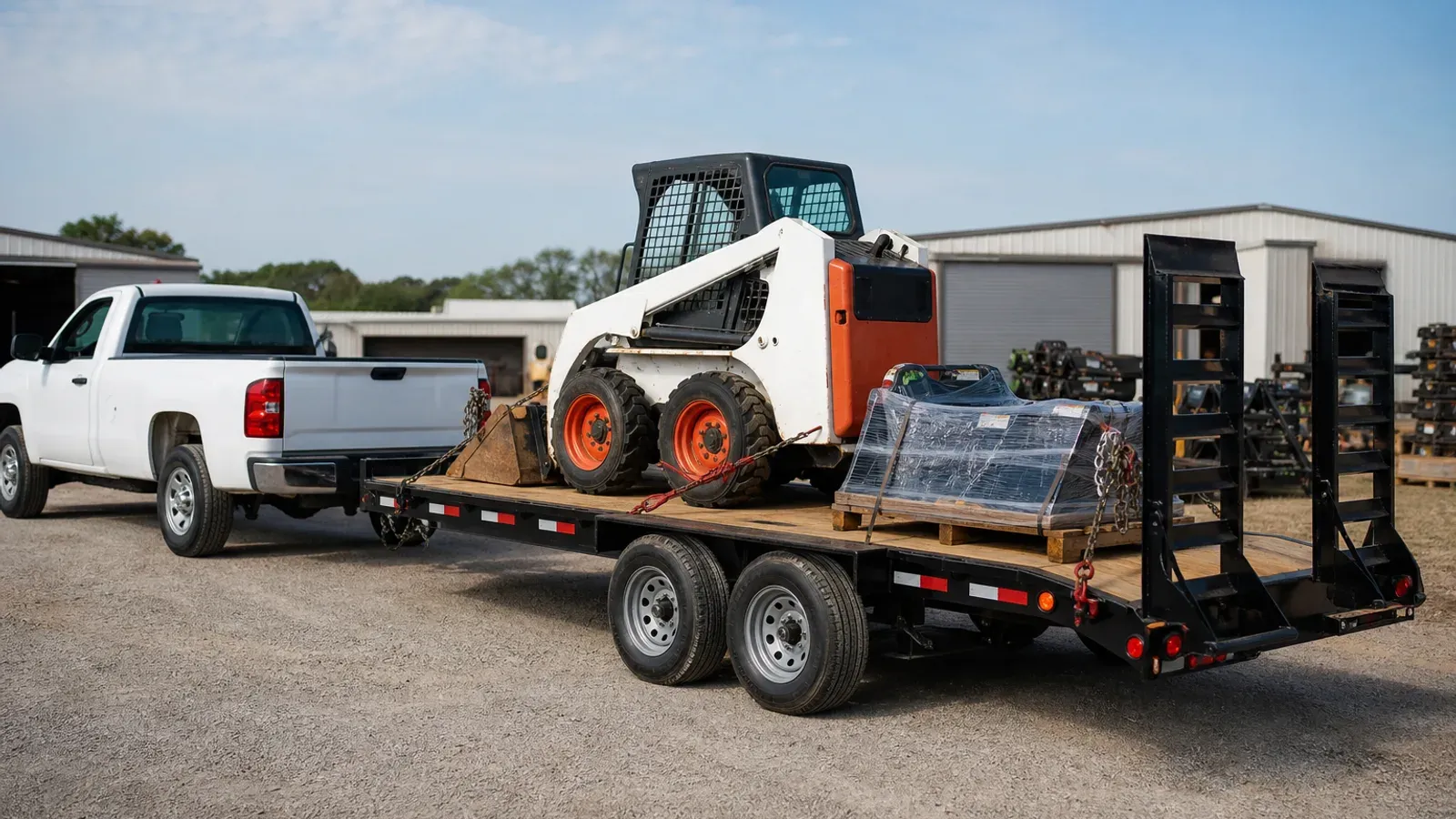 Heavy-duty flatbed trailer carrying a secured skid steer and attachments