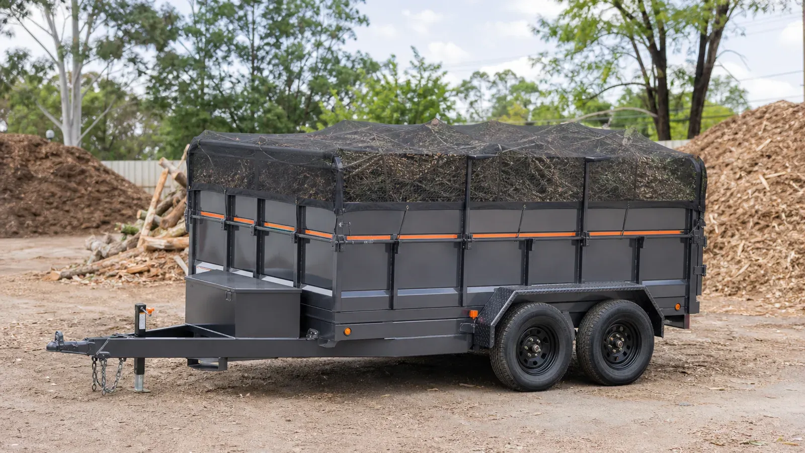 High-side dump trailer carrying brush beneath a mesh tarp High-side dump trailer carrying brush beneath a mesh tarp