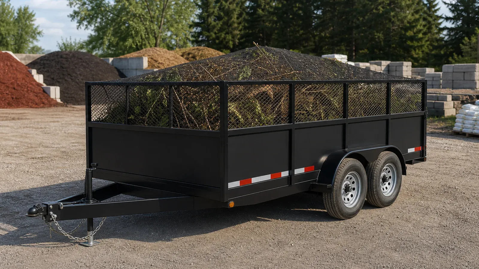 High-side utility trailer carrying brush beneath a cargo net