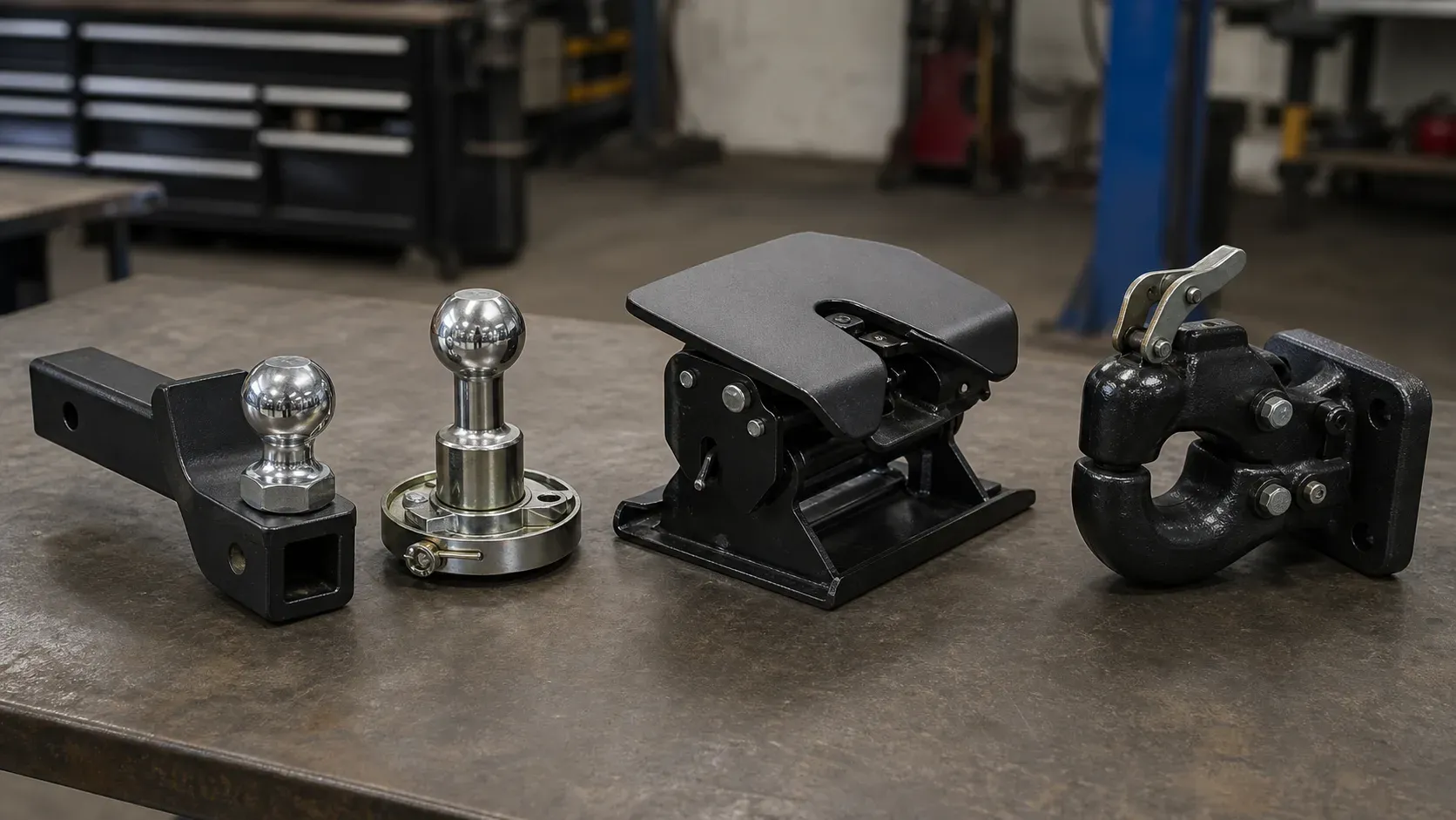 Receiver ball mount, gooseneck ball, fifth-wheel head, and pintle hook