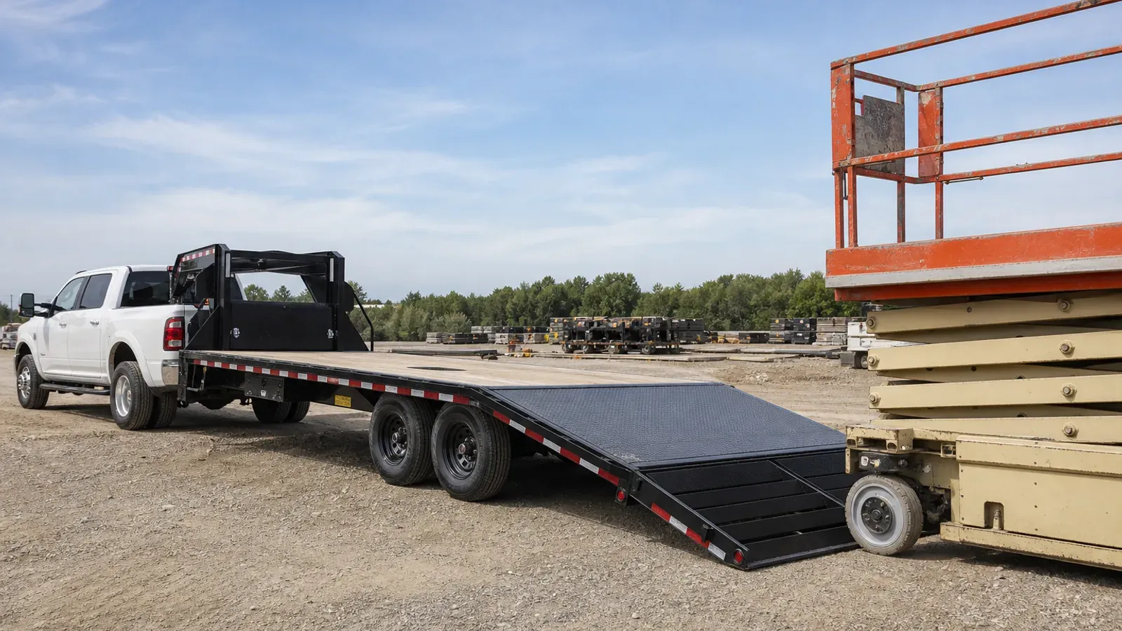 Gooseneck trailer with its hydraulic dovetail lowered for a scissor lift Gooseneck trailer with its hydraulic dovetail lowered for a scissor lift