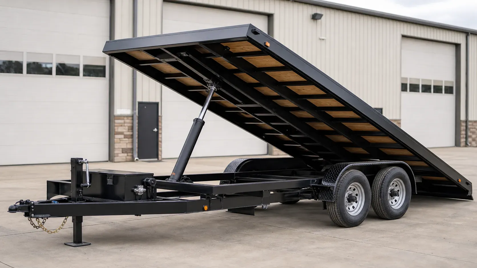 Full-tilt trailer deck raised by a visible hydraulic cylinder Full-tilt trailer deck raised by a visible hydraulic cylinder