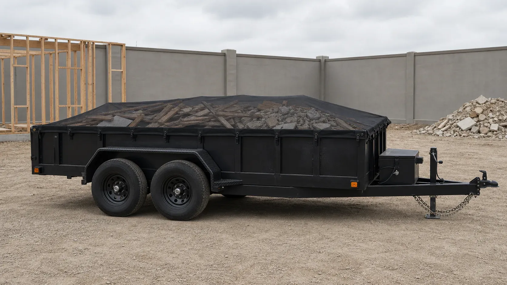 Tarped dump trailer carrying a partial load of demolition debris