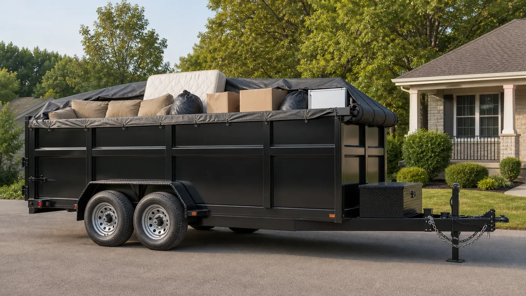 High-side dump trailer carrying a secured residential cleanout load