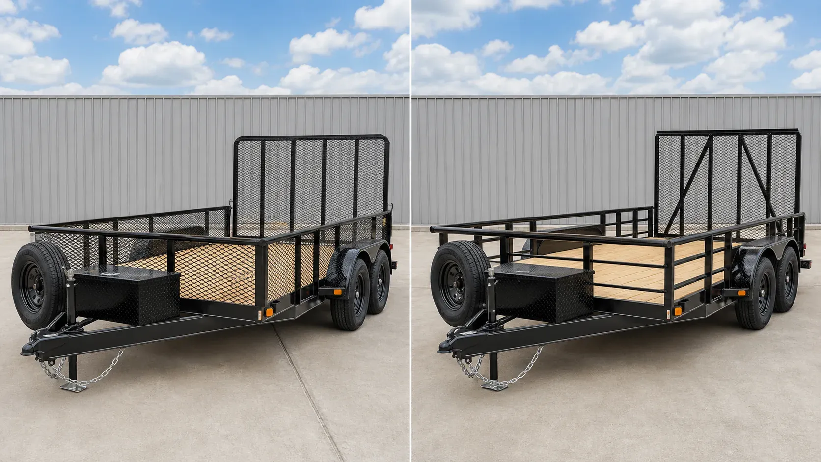 Two matched tandem-axle utility trailers with different rail and gate designs shown side by side
