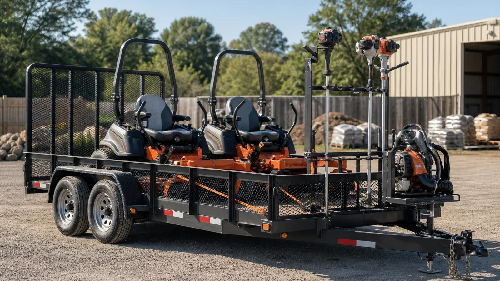 Landscape trailer carrying zero-turn mowers and lawn-care equipment Landscape trailer carrying zero-turn mowers and lawn-care equipment