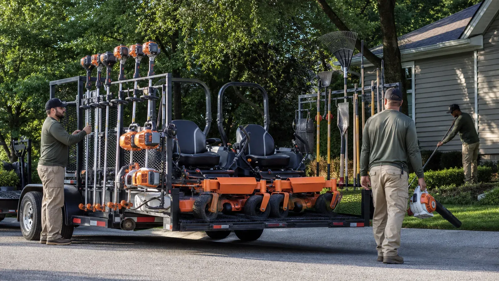 Landscaping crew unloading organized mowers and handheld equipment from a route trailer