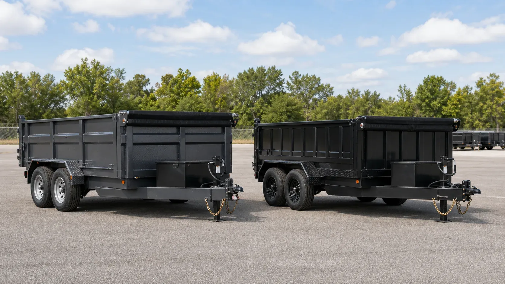Two matched tandem-axle dump trailers with different body construction shown side by side