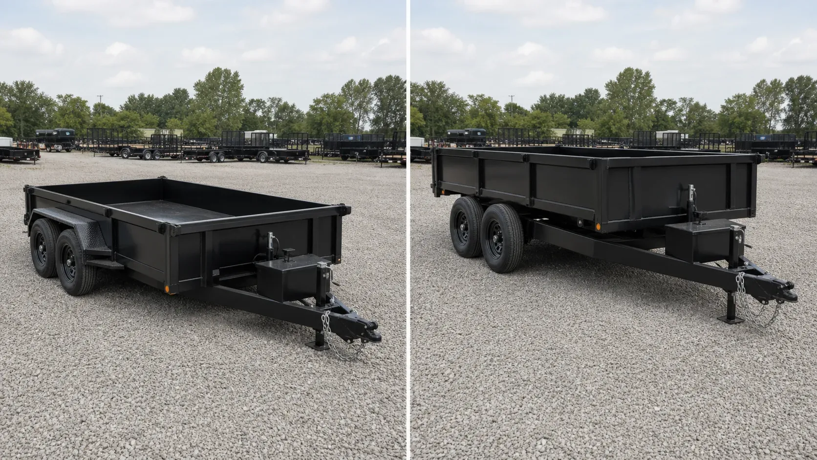 Low-profile dump trailer and higher deckover-style dump trailer shown side by side