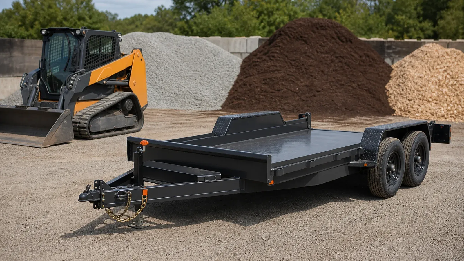 Low-profile dump trailer with its bed between the fenders Low-profile dump trailer with its bed between the fenders