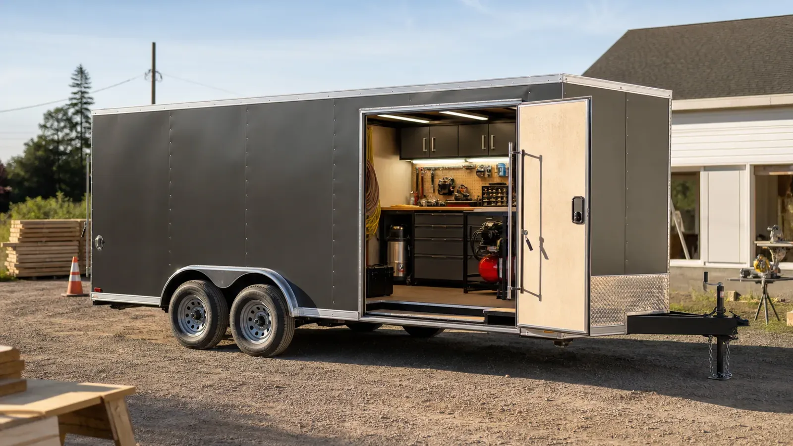 Enclosed trailer converted into an organized mobile workshop