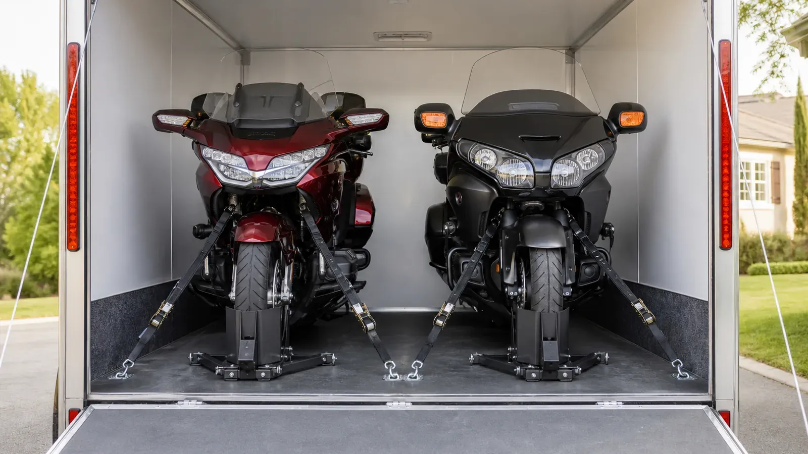 Two touring motorcycles secured inside an enclosed trailer