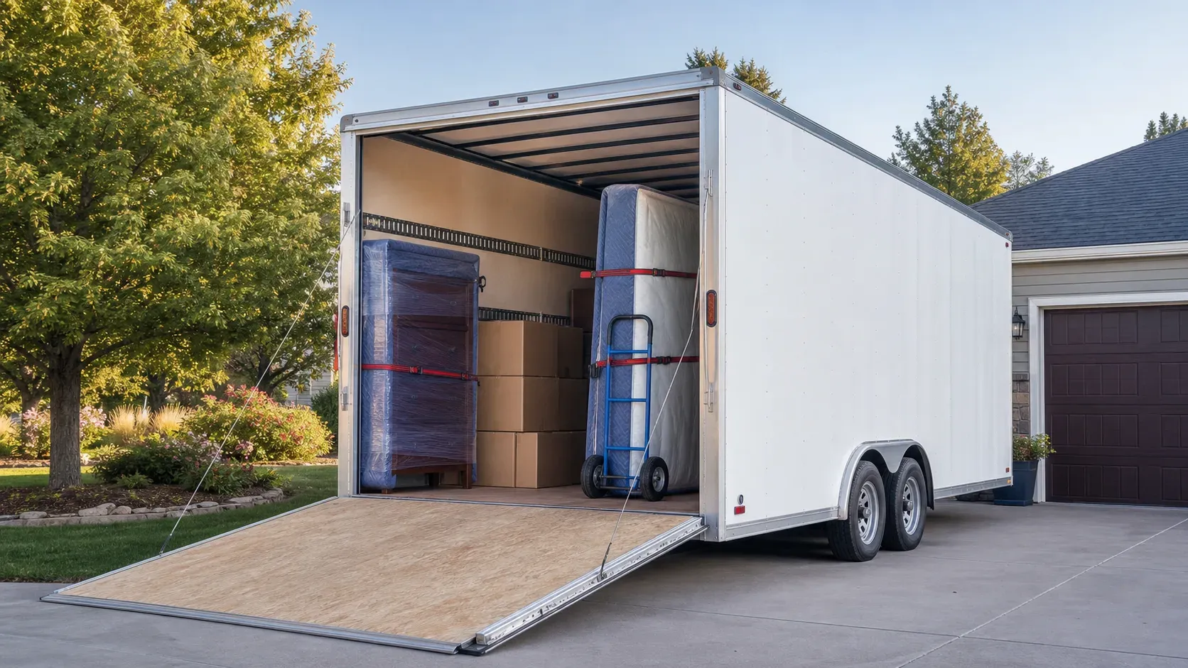 Household furniture and boxes secured inside an enclosed moving trailer