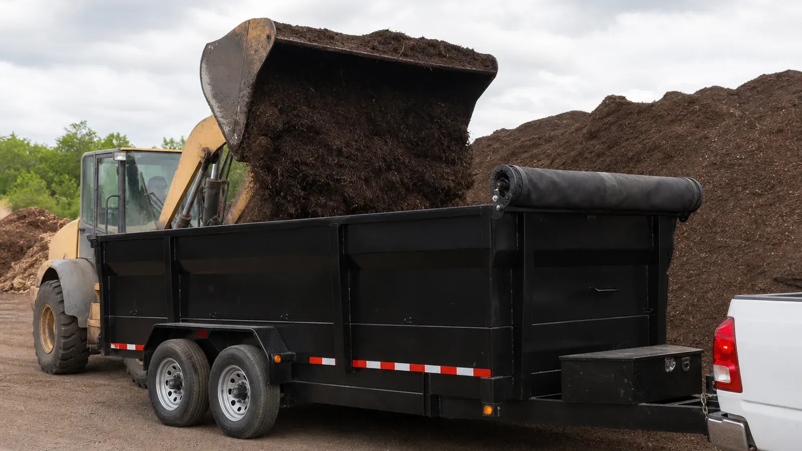 Front loader filling a high-side landscape trailer with dark hardwood mulch