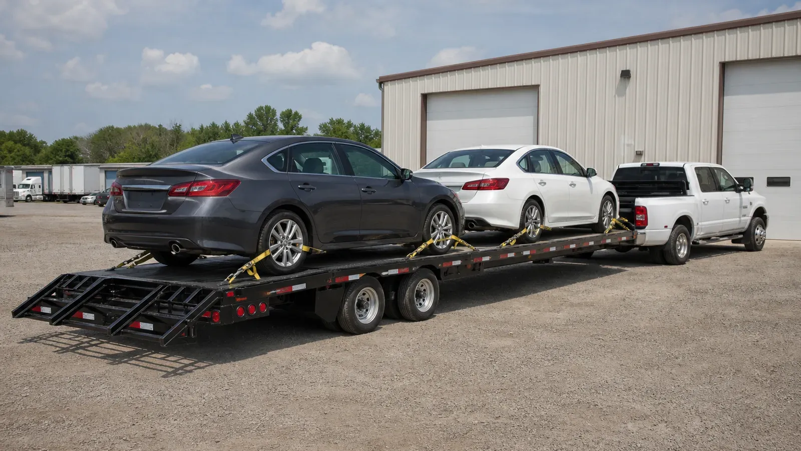 Two passenger cars secured on a multi-car open transport trailer Two passenger cars secured on a multi-car open transport trailer