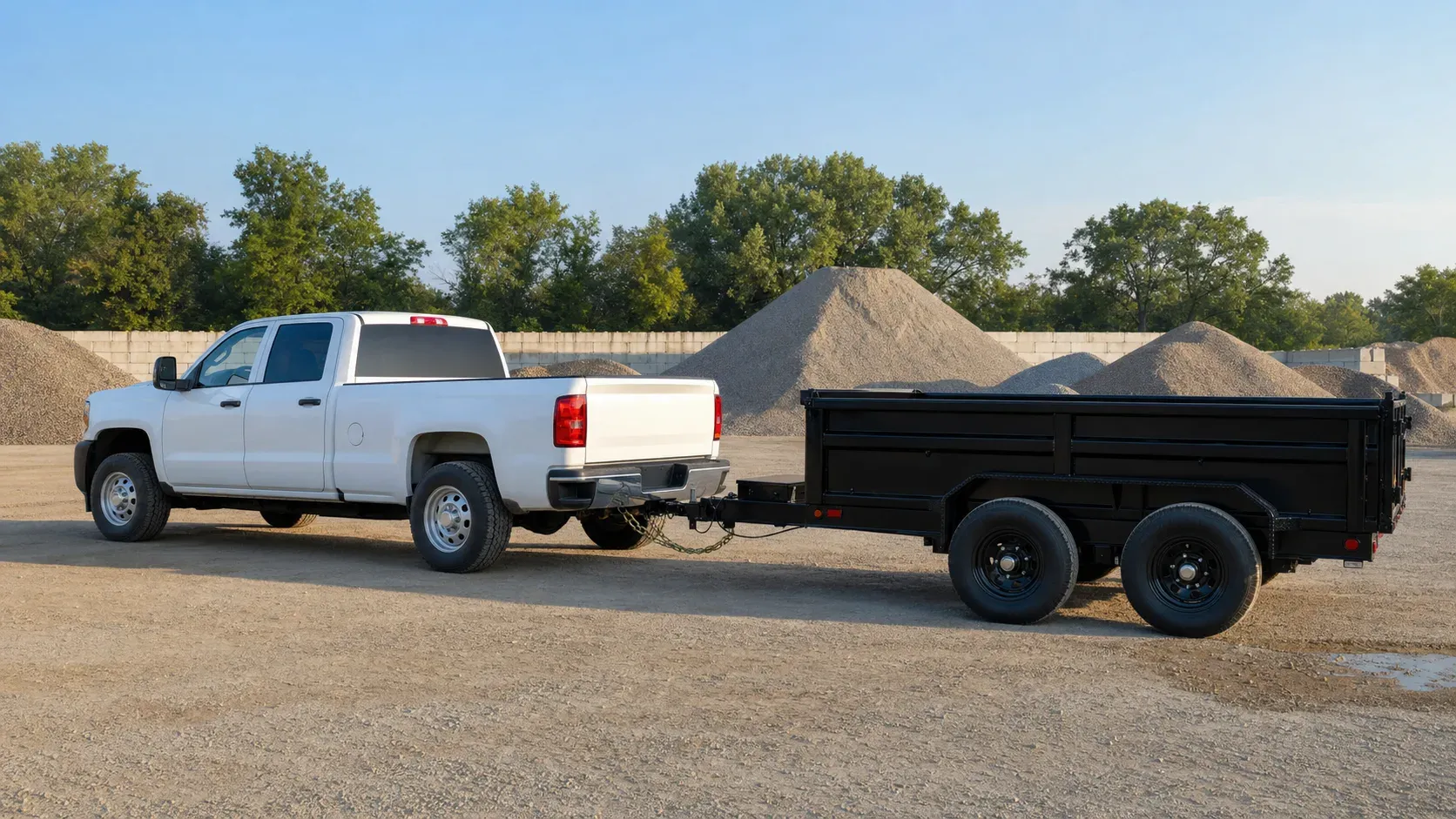 One-ton single-rear-wheel pickup towing a tandem-axle dump trailer