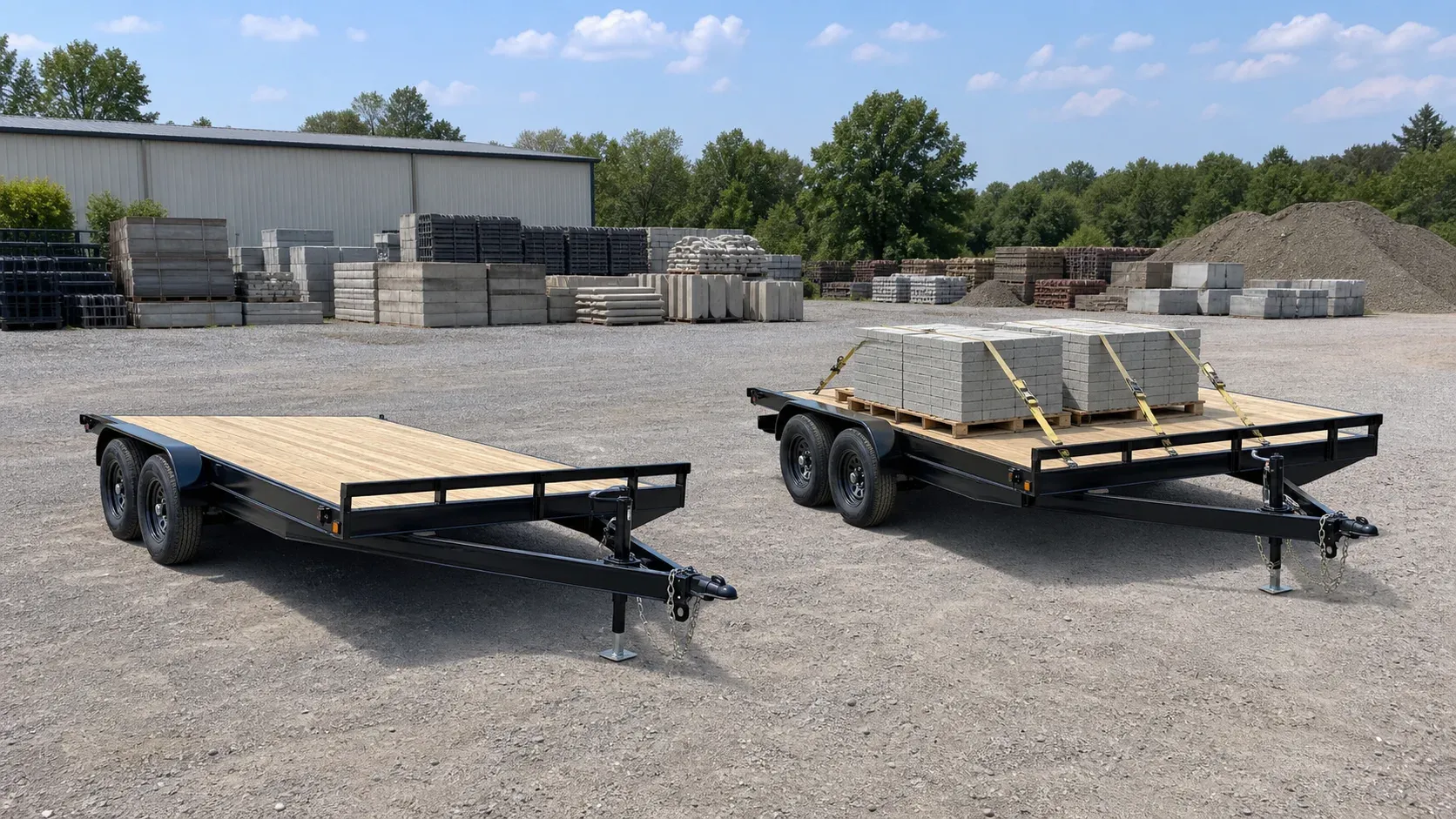 Matching empty and pallet-loaded tandem-axle flatbed trailers