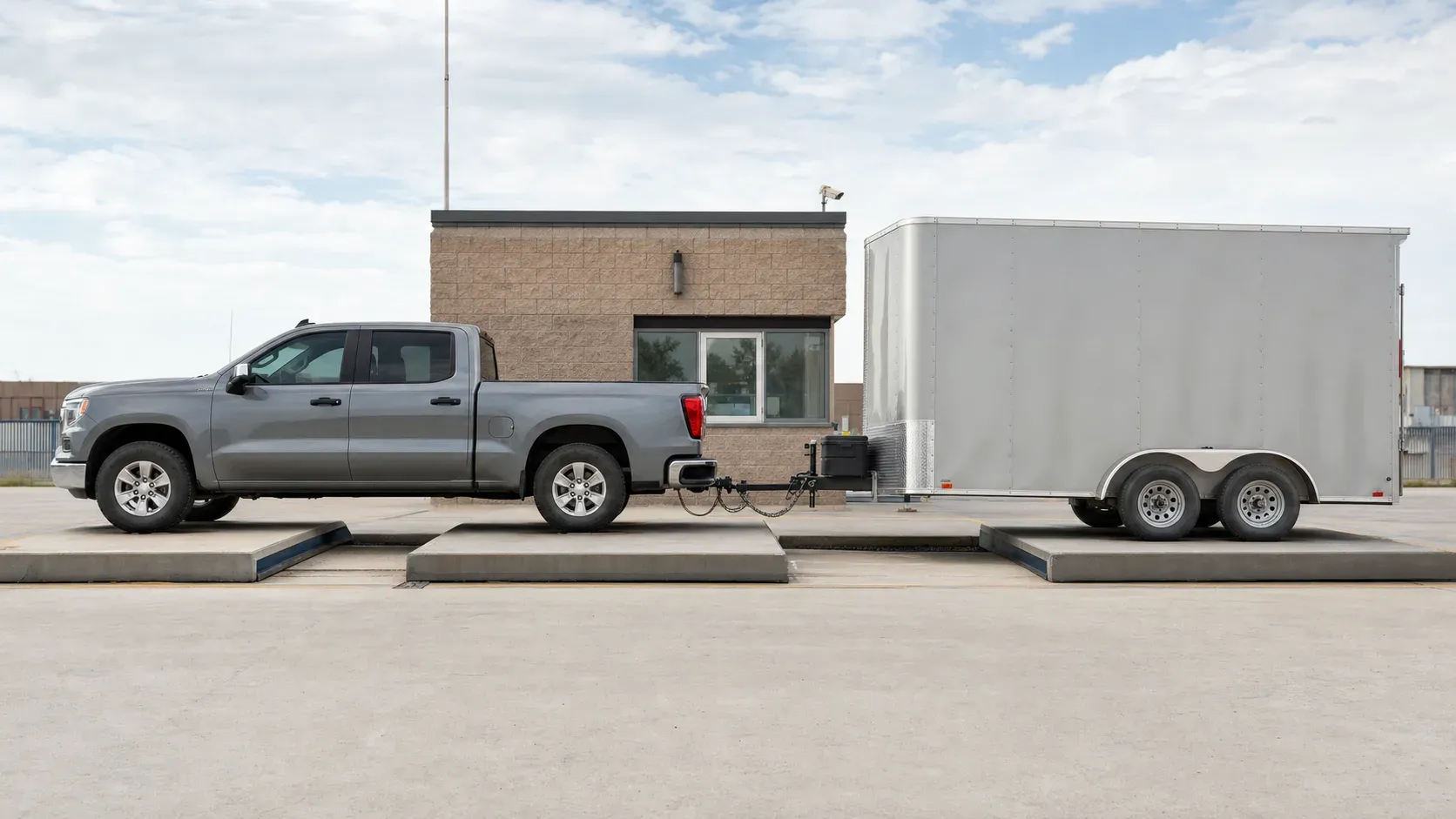 Pickup and enclosed trailer positioned across separate truck-scale platforms