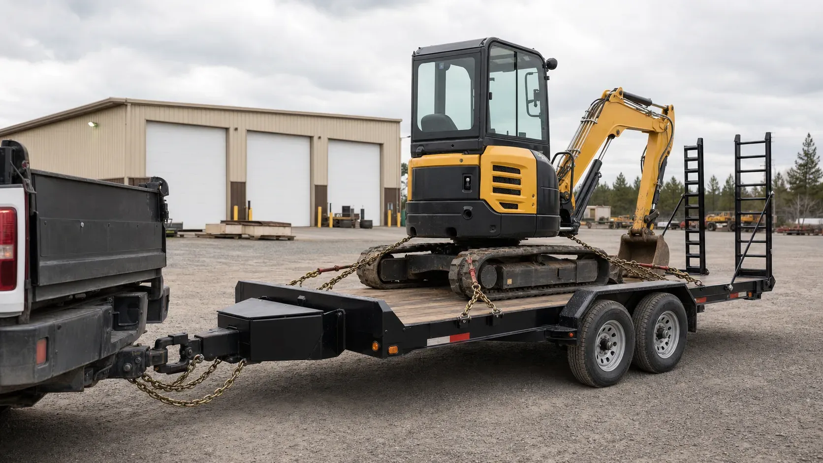 Compact excavator secured on a tandem-axle pintle equipment trailer Compact excavator secured on a tandem-axle pintle equipment trailer