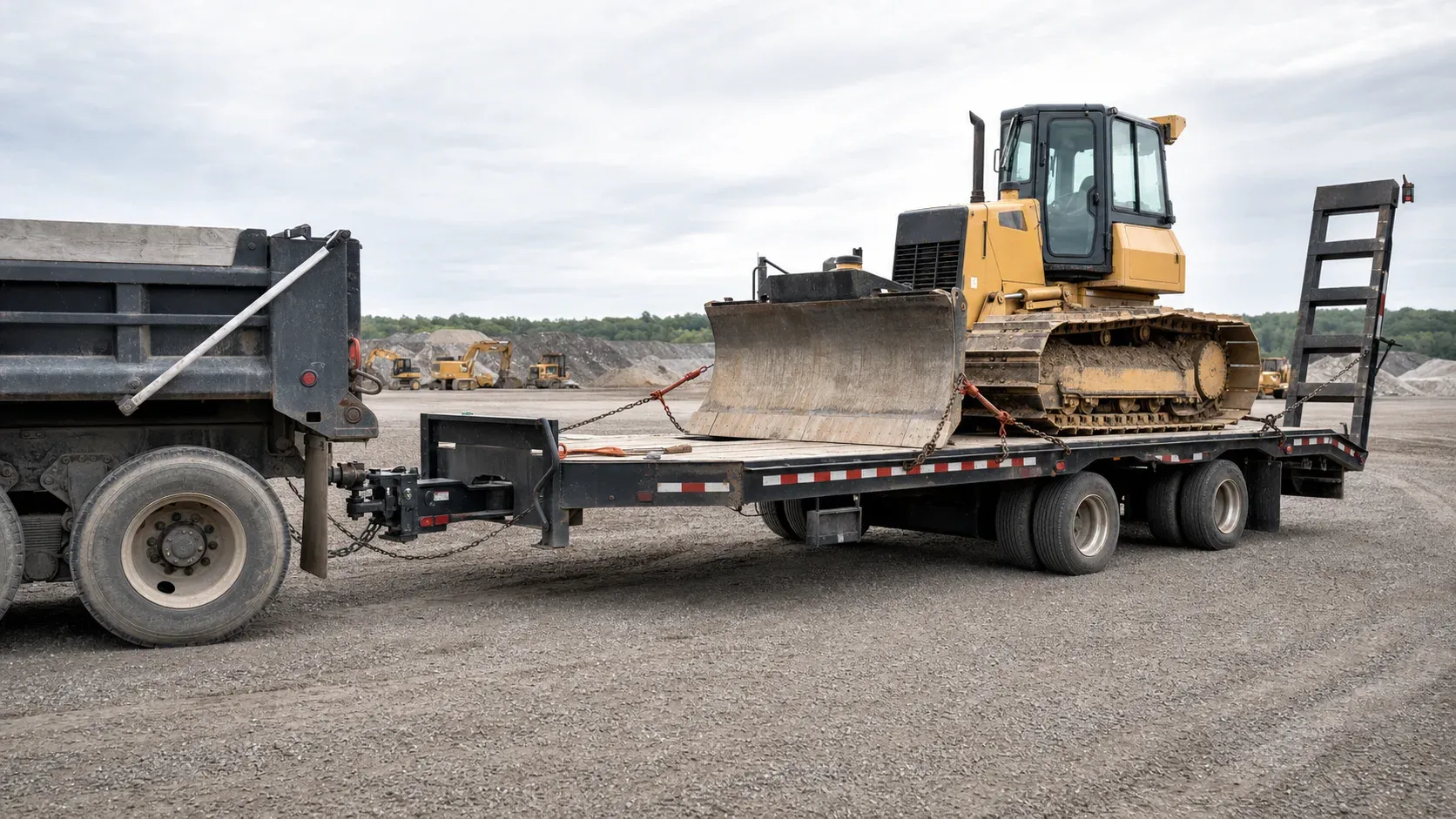 Bulldozer secured on a heavy-duty pintle trailer behind a dump truck Bulldozer secured on a heavy-duty pintle trailer behind a dump truck