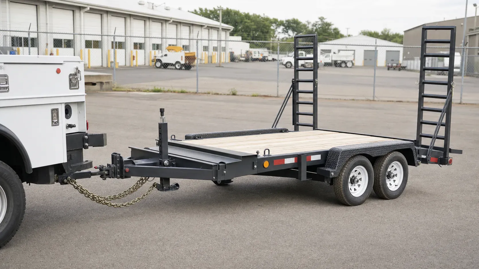 Empty tandem-axle pintle tag trailer coupled to a utility truck Empty tandem-axle pintle tag trailer coupled to a utility truck