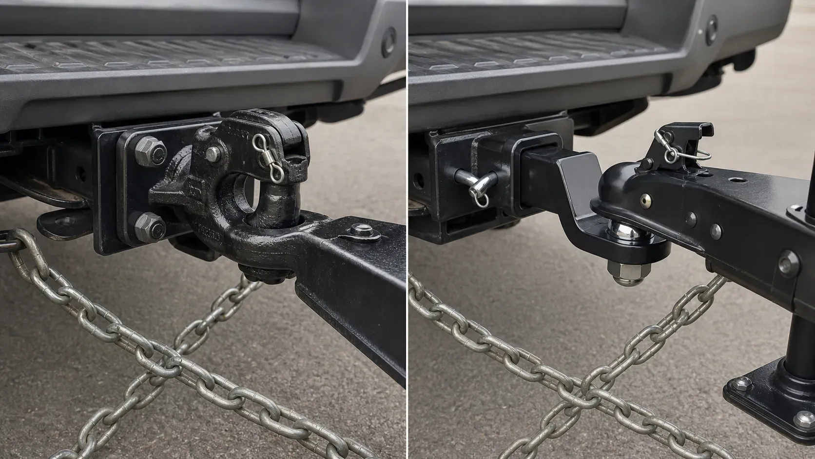 Locked pintle-and-lunette connection and conventional trailer ball coupler shown side by side